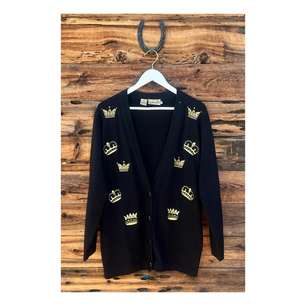 VINTAGE | Rafaella Lambswool Crown Metallic Gold Black Cadigan S